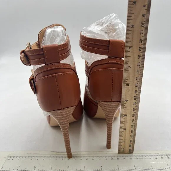 XYD Brown Peep Toe Sandal Ankle Booties Dual Buckled Straps Stiletto Heels Shoes - Picture 5 of 8
